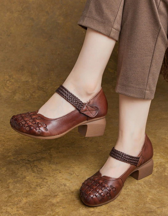 Square Toe Leather Woven Chunky Heel Sandals