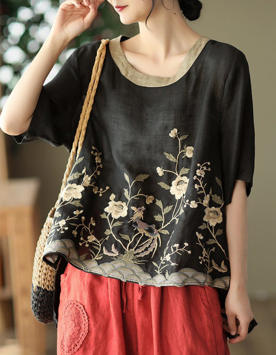 Linen Rounded Neck Embroidery Mid-sleeve Shirt