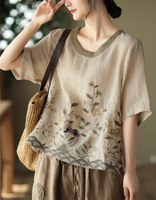 Linen Rounded Neck Embroidery Mid-sleeve Shirt