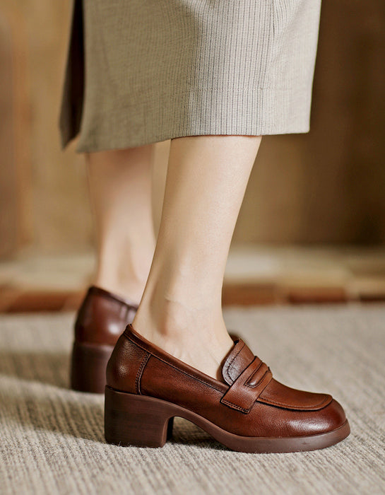 Mocassins Femme à Talon Large 5cm - Cuir - Style Rétro Confortable - Pour Bureau & Sortie