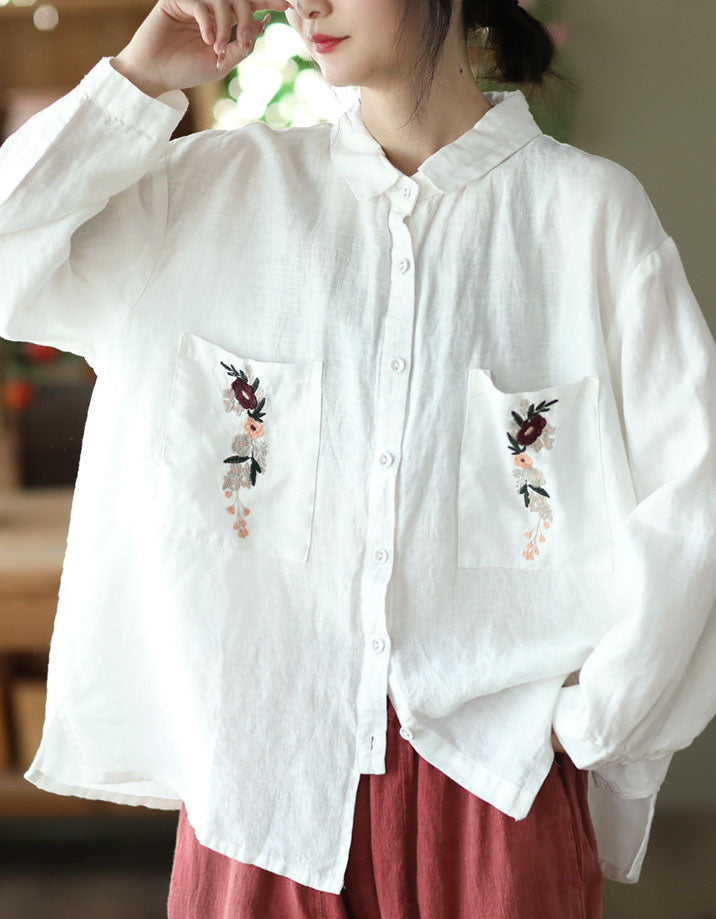 Longsleeve Embroidery Linen Loose Shirt Accessories 51.00