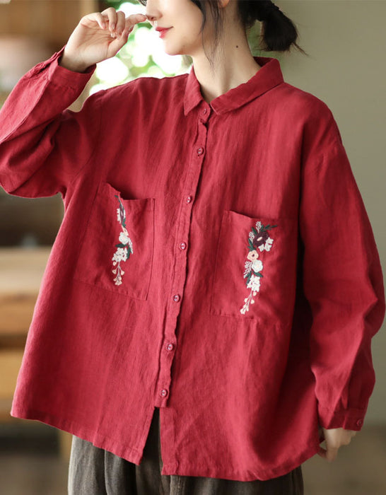 Longsleeve Embroidery Linen Loose Shirt Accessories 51.00