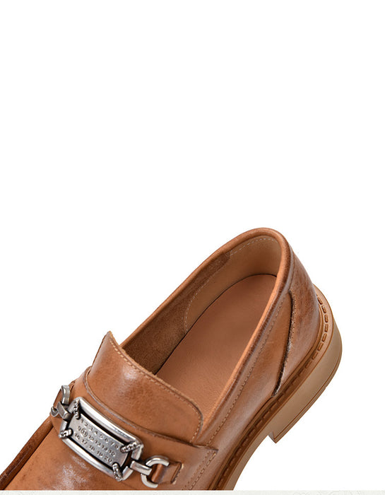 Metal Decor Round Toe Real Leather Loafers