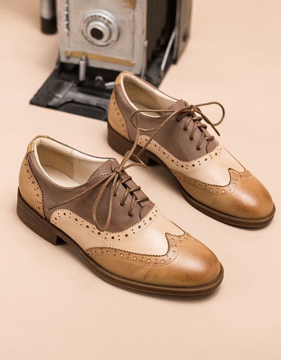 Real Leather Three Tone Lace-up Brogue Oxford Shoes Women