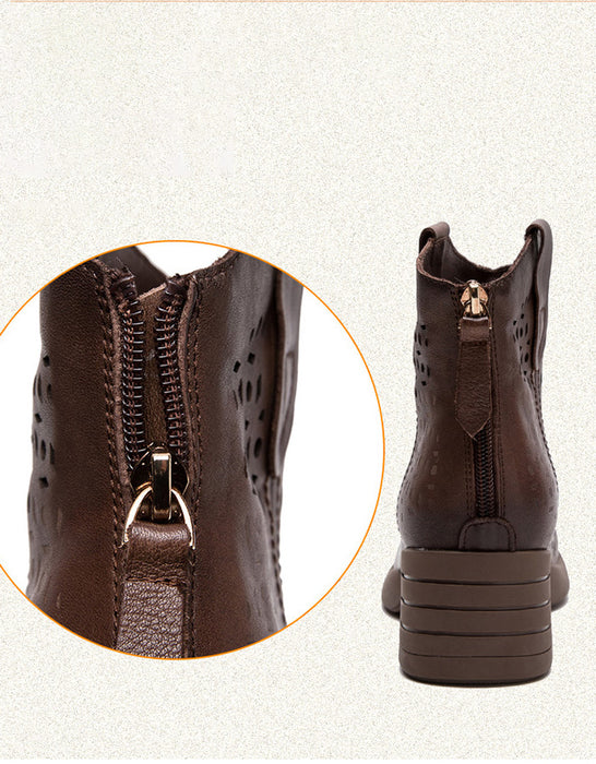 Retro Leather Hollow CHunky Heel Boots for Women