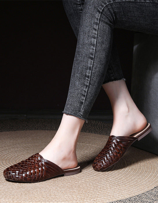 Handmade Woven Leather Round Head Slippers