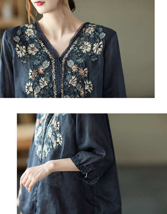 Embroidery V-neck Mid-sleeve Linen Shirt