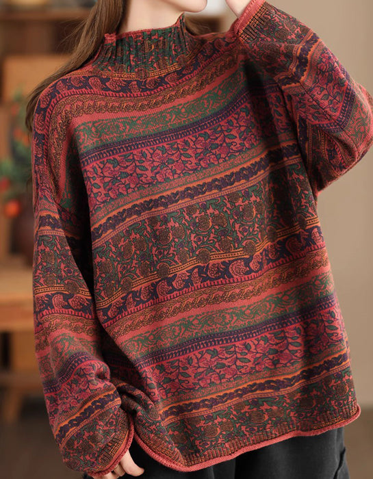 High Neck Long Sleeve Floral Loose Casual Sweater