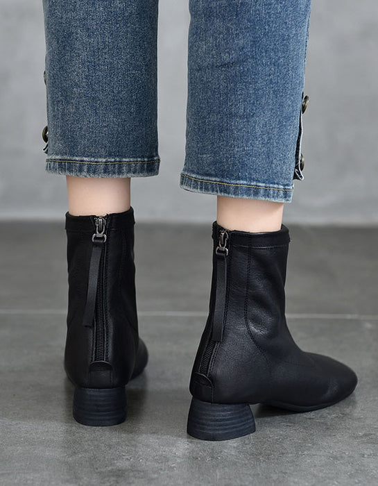 Real Leather Back Zipper Fashion Chunky Heel Boots