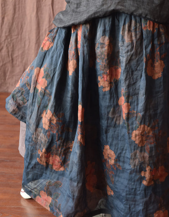 Original Design Flower Printed Loose Linen Skirt