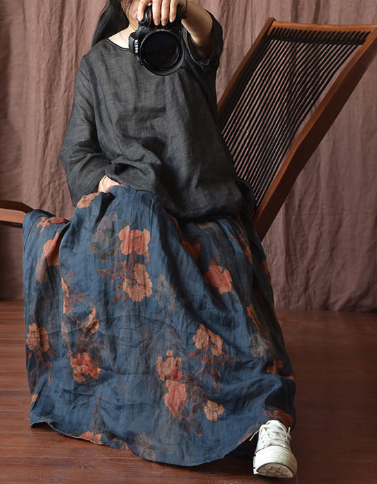 Original Design Flower Printed Loose Linen Skirt
