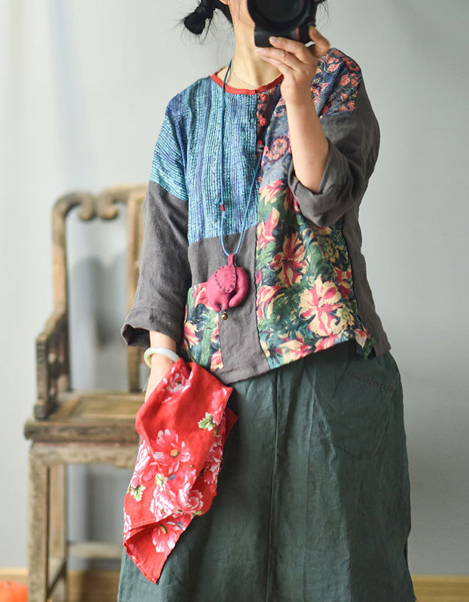 Vintage Linen Blouse With Patchwork And Green Buttons Lightweight Breathable For Boho Women main image 1