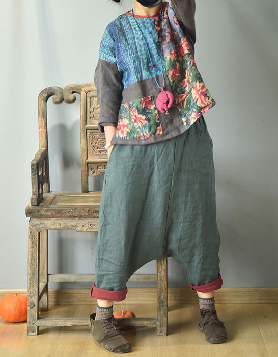 Original Design Patchwork Linen Blouse Vintage Floral Shirts