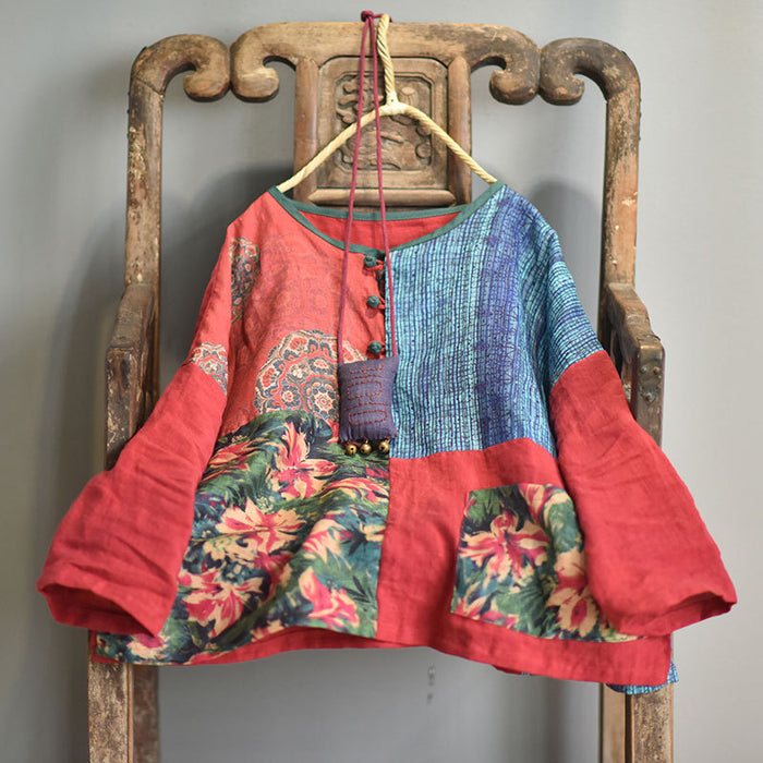 Original Design Patchwork Linen Blouse Vintage Floral Shirts