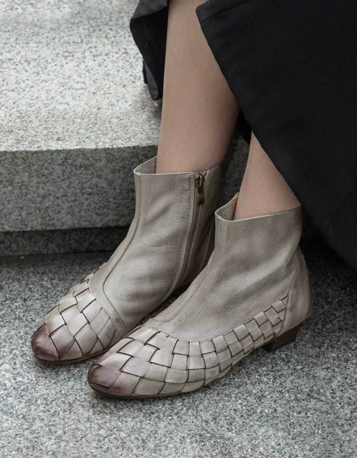 Pointed Toe Handmade Leather Woven Vintage Ankle Boots Gray Feb Shoe Collection 2026 105.00