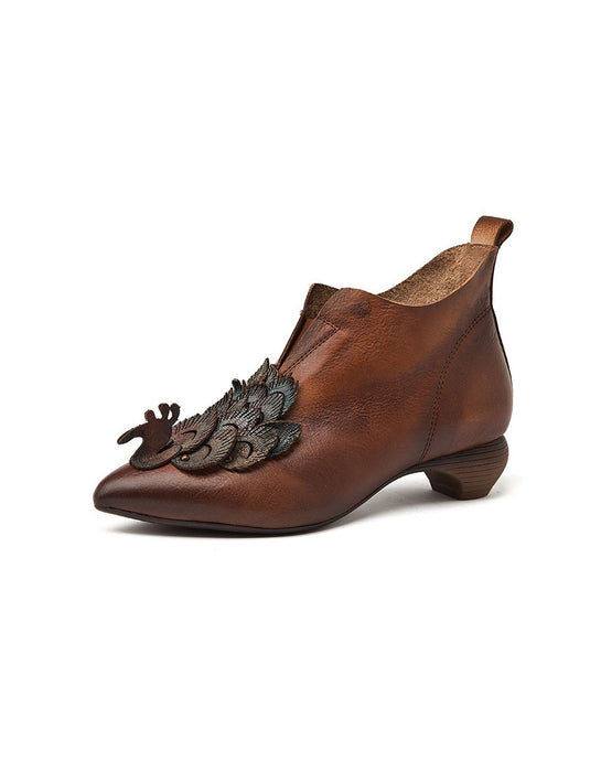 Pointed Toe Leather Flowers Handmade Ankle Boots