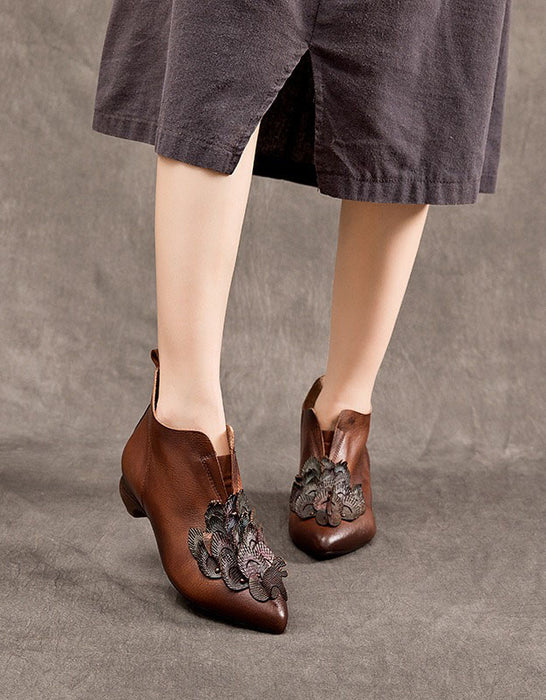 Pointed Toe Leather Flowers Handmade Ankle Boots