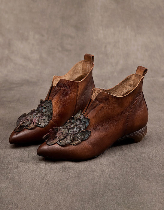 Pointed Toe Leather Flowers Handmade Ankle Boots