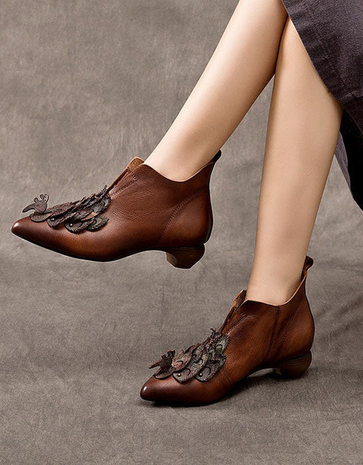 PointedToeLeatherFlowersHandmadeAnkleBootsobionoshoes