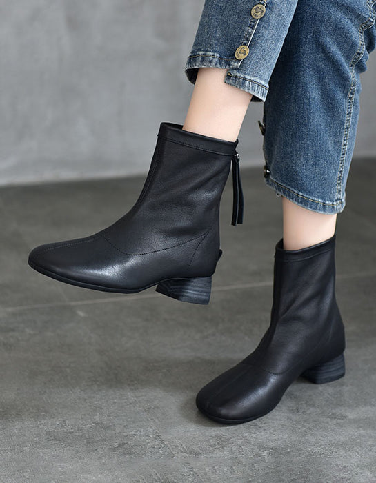 Real Leather Back Zipper Fashion Chunky Heel Boots
