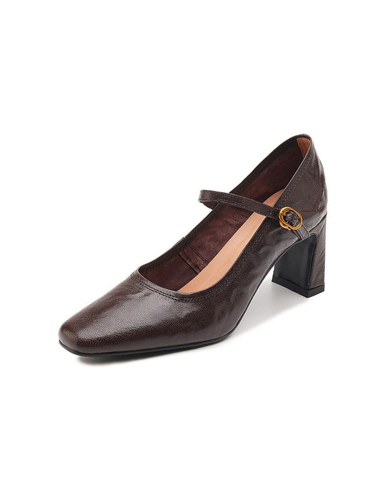 Real Leather Chunky Heels Pumps Mary Janes Shoes