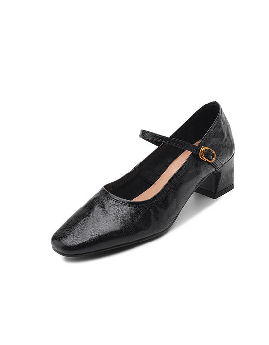 Real Leather Chunky Heels Pumps Mary Janes Shoes