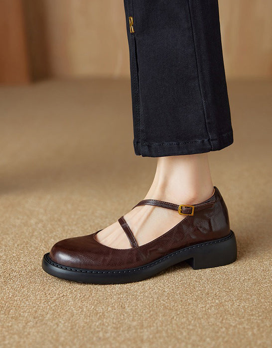 Real Leather Cross Buckle Mary Jane Shoes