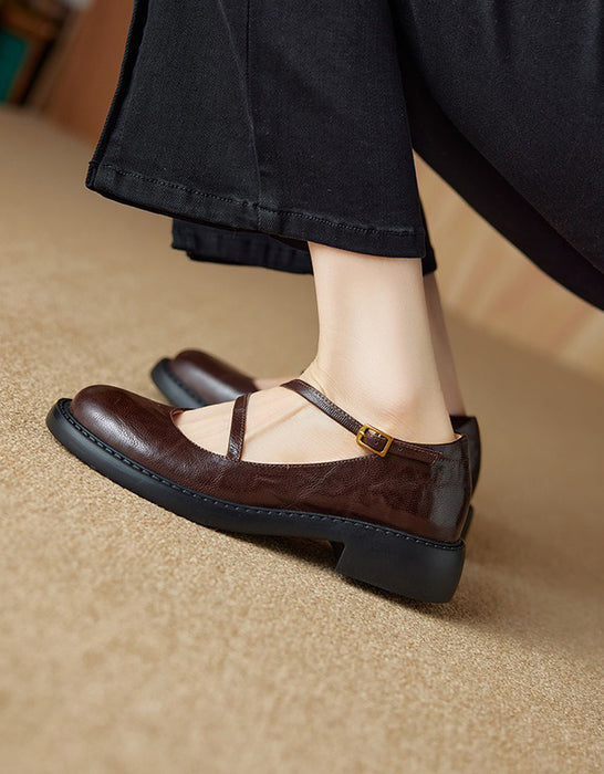 Real Leather Cross Buckle Mary Jane Shoes