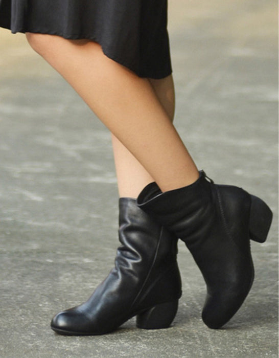 Bottes à talons épais en cuir véritable faites à la main