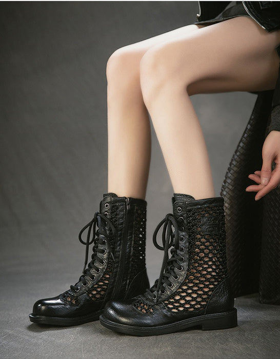 Real Leather Hollow Mid-Calf Wide Toe Box Boots April Shoes Collection 2026 129.00