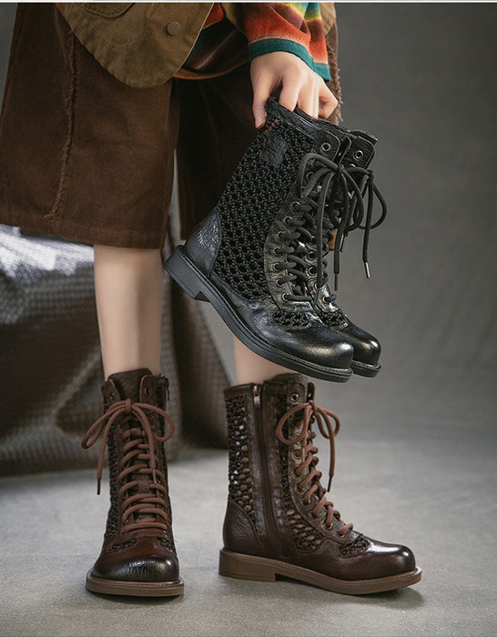 Real Leather Hollow Mid-Calf Wide Toe Box Boots April Shoes Collection 2026 129.00