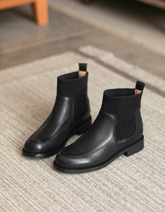 Botines de invierno de piel auténtica con costuras de punto