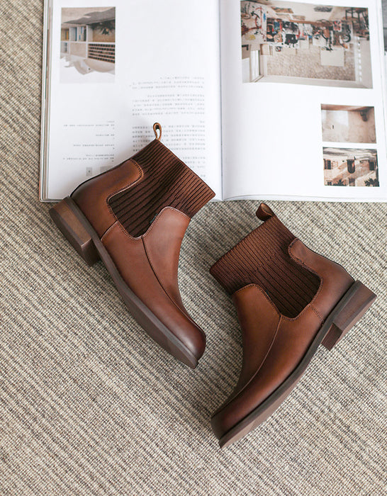 Botines de invierno de piel auténtica con costuras de punto