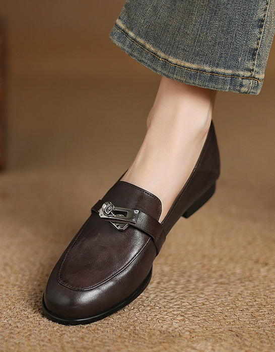 Real Leather Pointed Toe Metal Buckle Front Loafers may Shoes Collection 2026  95.00