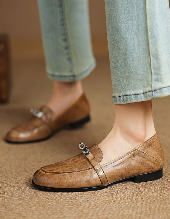 Real Leather Pointed Toe Metal Buckle Front Loafers may Shoes Collection 2026  95.00