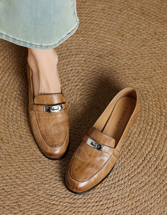 Real Leather Pointed Toe Metal Buckle Front Loafers may Shoes Collection 2026  95.00