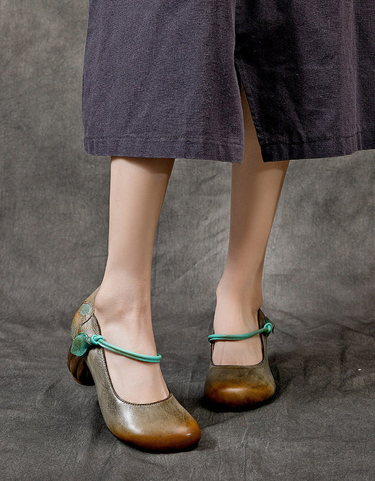Real Leather Rouned Toe Handmade Retro Chunky Heels