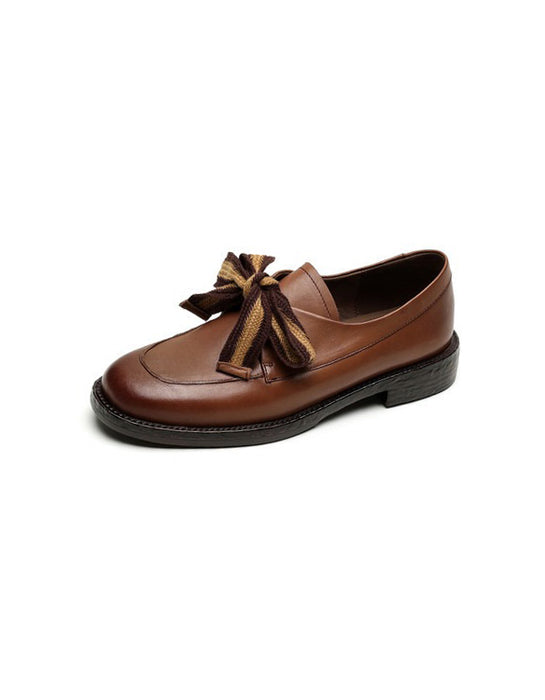 Real Leather Simple Bow-tie Comfortable Women's Loafers Brown