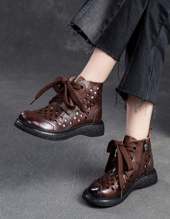 Reto Leather Hollow Wide Toe Box Ankle Boots