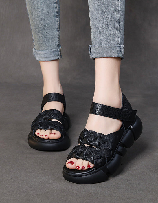 Retro Leather Braid Open Toe Platform Sandals