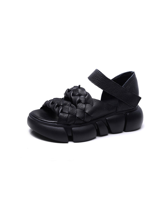 Retro Leather Braid Open Toe Platform Sandals