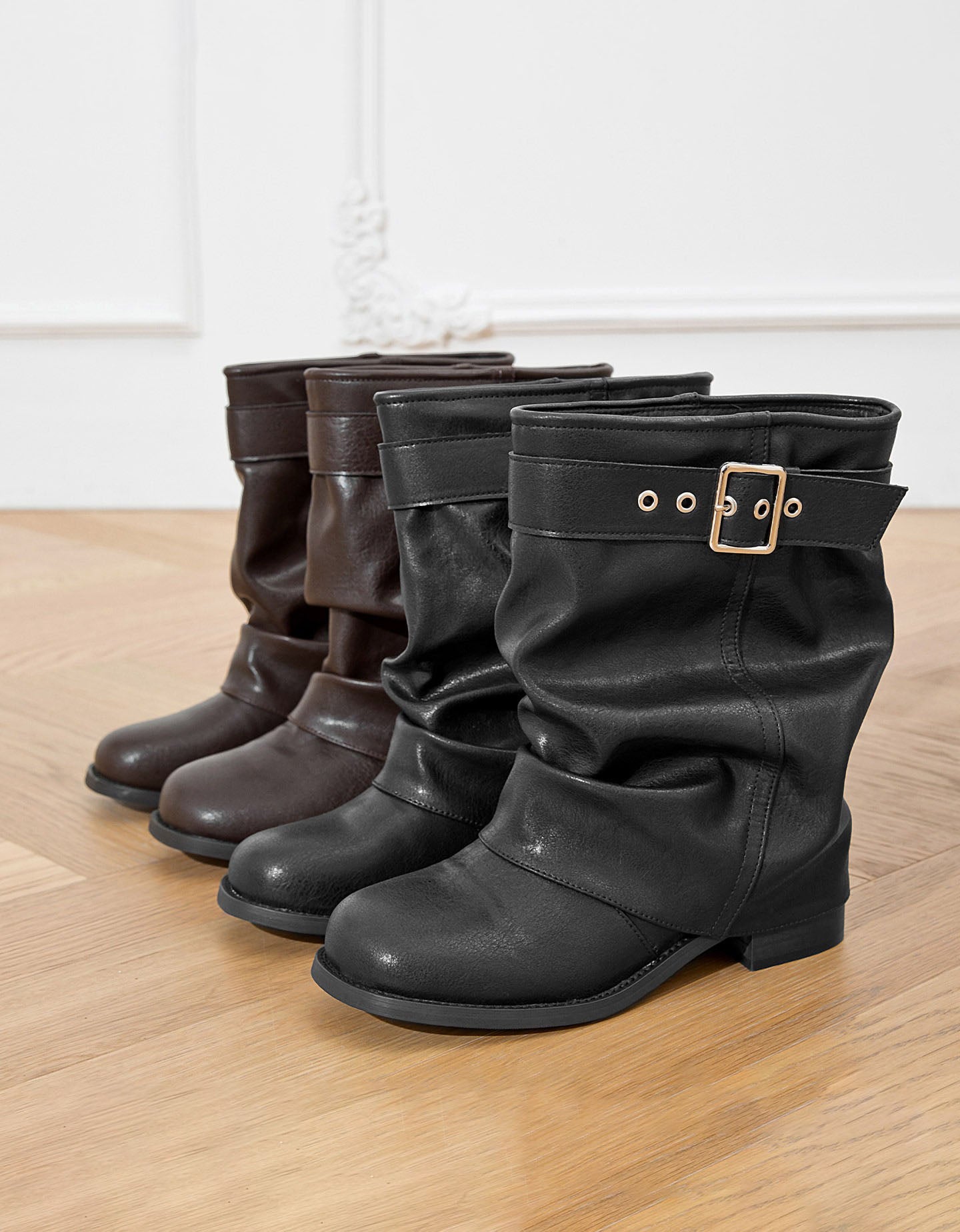 Slouch Riding Boots Retro Leather Chunky heel Pleated Slouch Riding Boots — Obiono