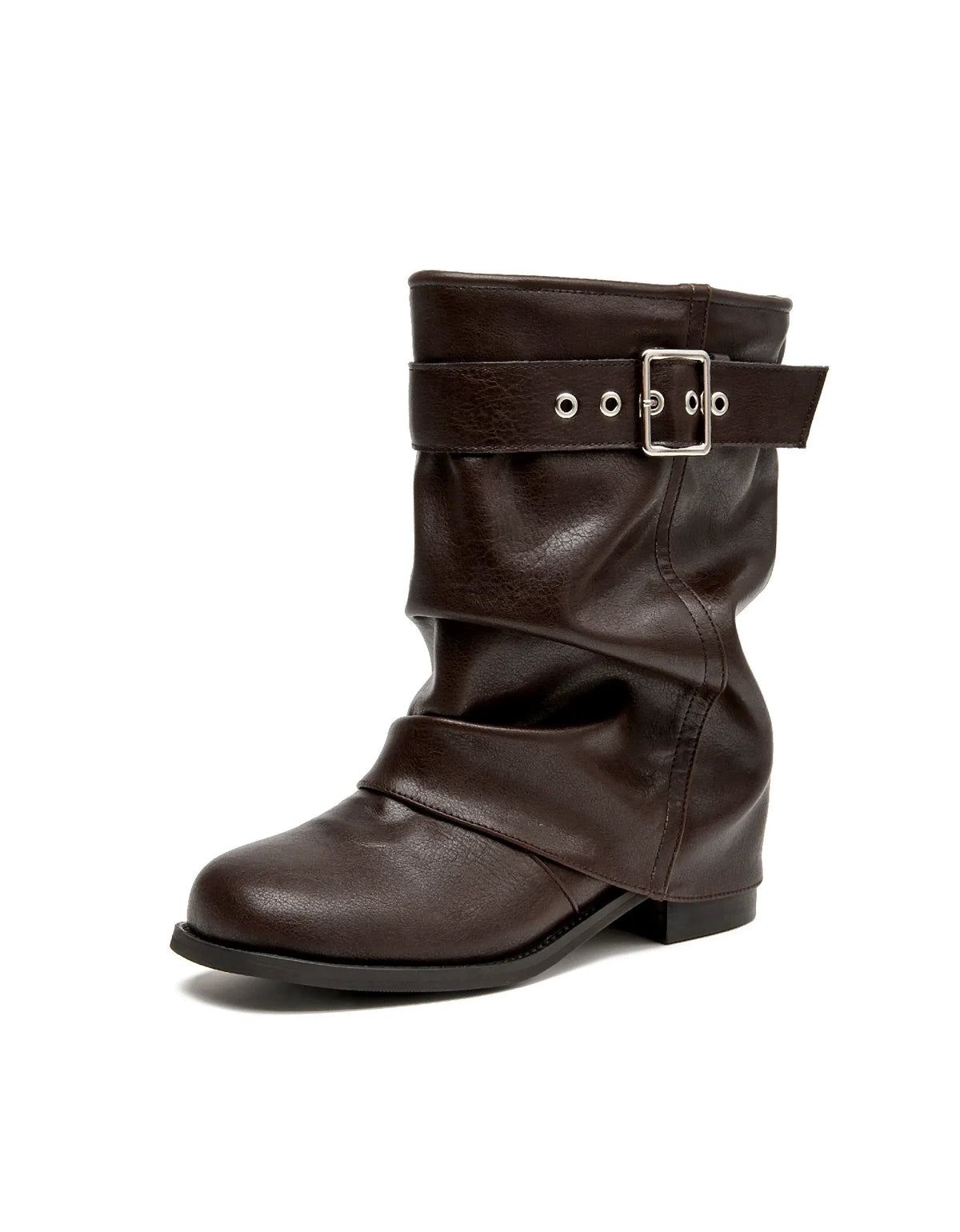 Retro Leather Chunky heel Pleated Slouch Riding Boots — Obiono