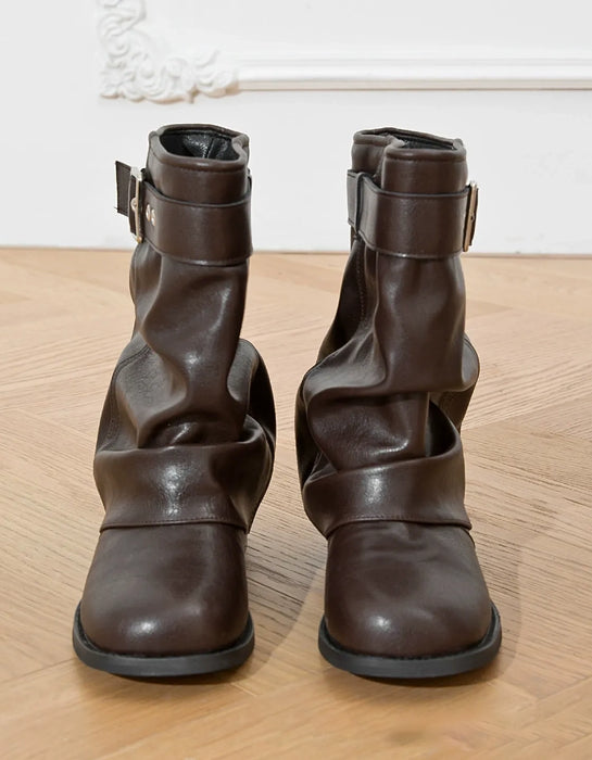 Retro Leather Chunky heel Pleated Slouch Riding Boots Coffee Jan Shoe Collection 2026 105.00