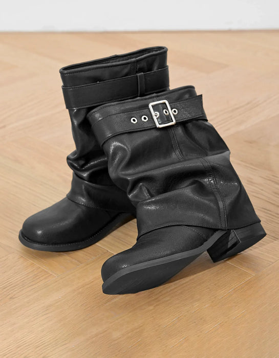 Retro Leather Chunky heel Pleated Slouch Riding Boots Black Jan Shoe Collection 2026 105.00
