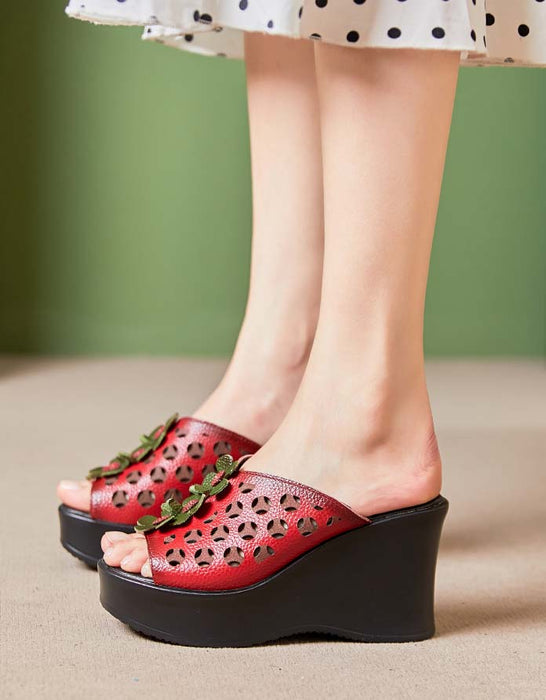 Retro Leather Flowers Oriental Style Wedge Slippers June Shoes Collection 2023 76.00