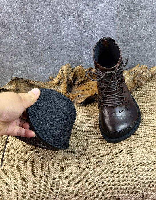 Retro Leather Lace-up Wide Toe Box Ankle Boots — Obiono
