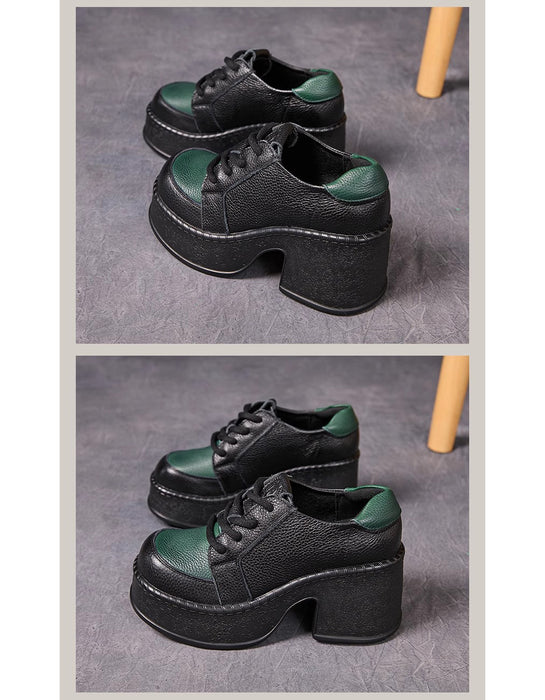 Retro Leather Two-tone Wide Toe Platform Chunky Shoes