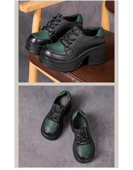 Retro Leather Two-tone Wide Toe Platform Chunky Shoes — Obiono
