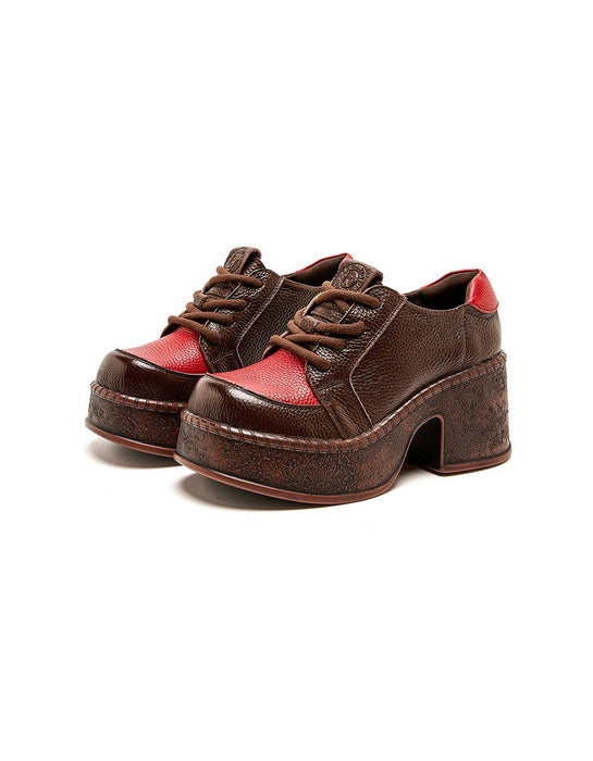 Retro Leather Two-tone Wide Toe Platform Chunky Shoes